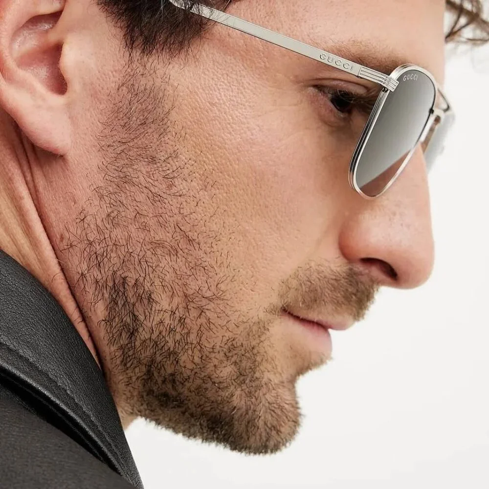 Gucci GG1881S 004 Sunglasses Silver Square Frame, Brown with GG Pattern Lenses